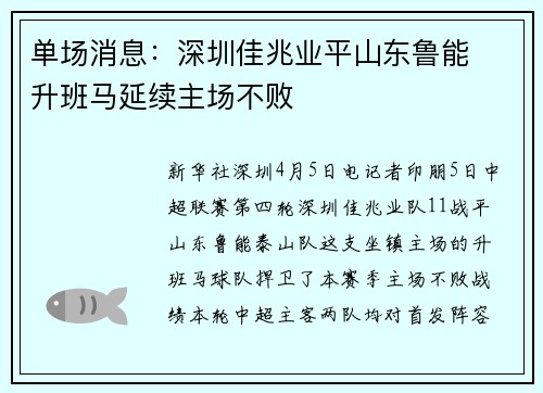 单场消息：深圳佳兆业平山东鲁能　升班马延续主场不败